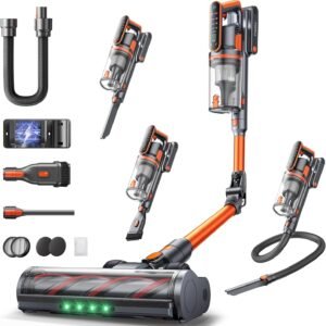 Fieety Aspirateur Balai sans Fil, 50kPa/600W/65Min Aspirateur sans Fil Puissant avec Tube Pliable Parfumé Mode Automatique Tuyau Extensible 1m pour Poils d'animaux, Tapis, Sols Durs et Voiture