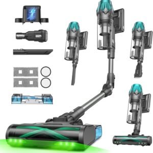 Vexilar V15 Max Cordless Vacuum Cleaner, 60 Min/65 Kpa Powerful Cordless Vacuum Cleaner, Anti-Tangle Brush, Folding Tube, Suction and Washing, GreenEye, Vacuum Cleaner for Pet Hair, Carpets, Floors