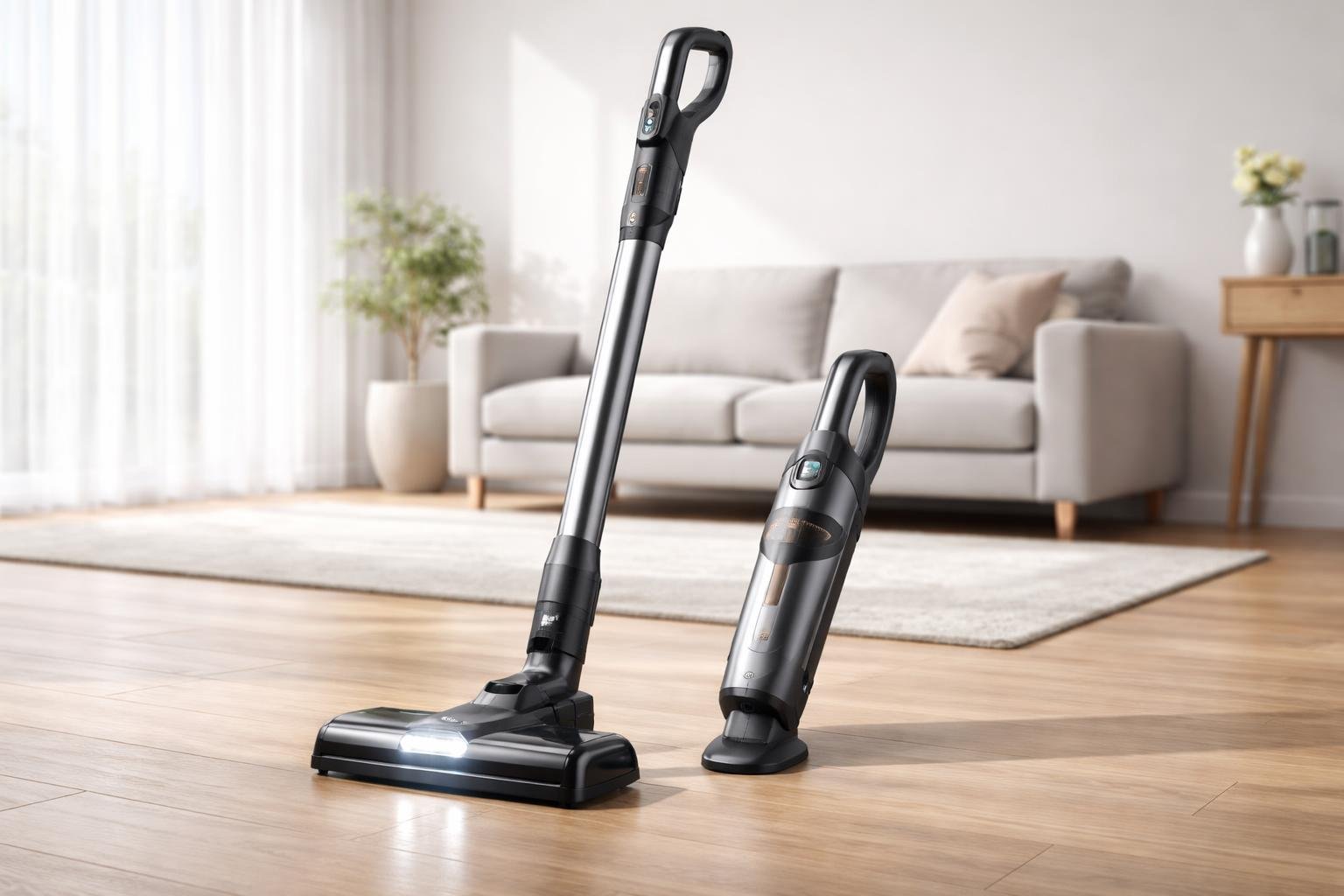 Un aspirateur balai 2 en 1 posé sur un sol en bois dans un salon lumineux et moderne.