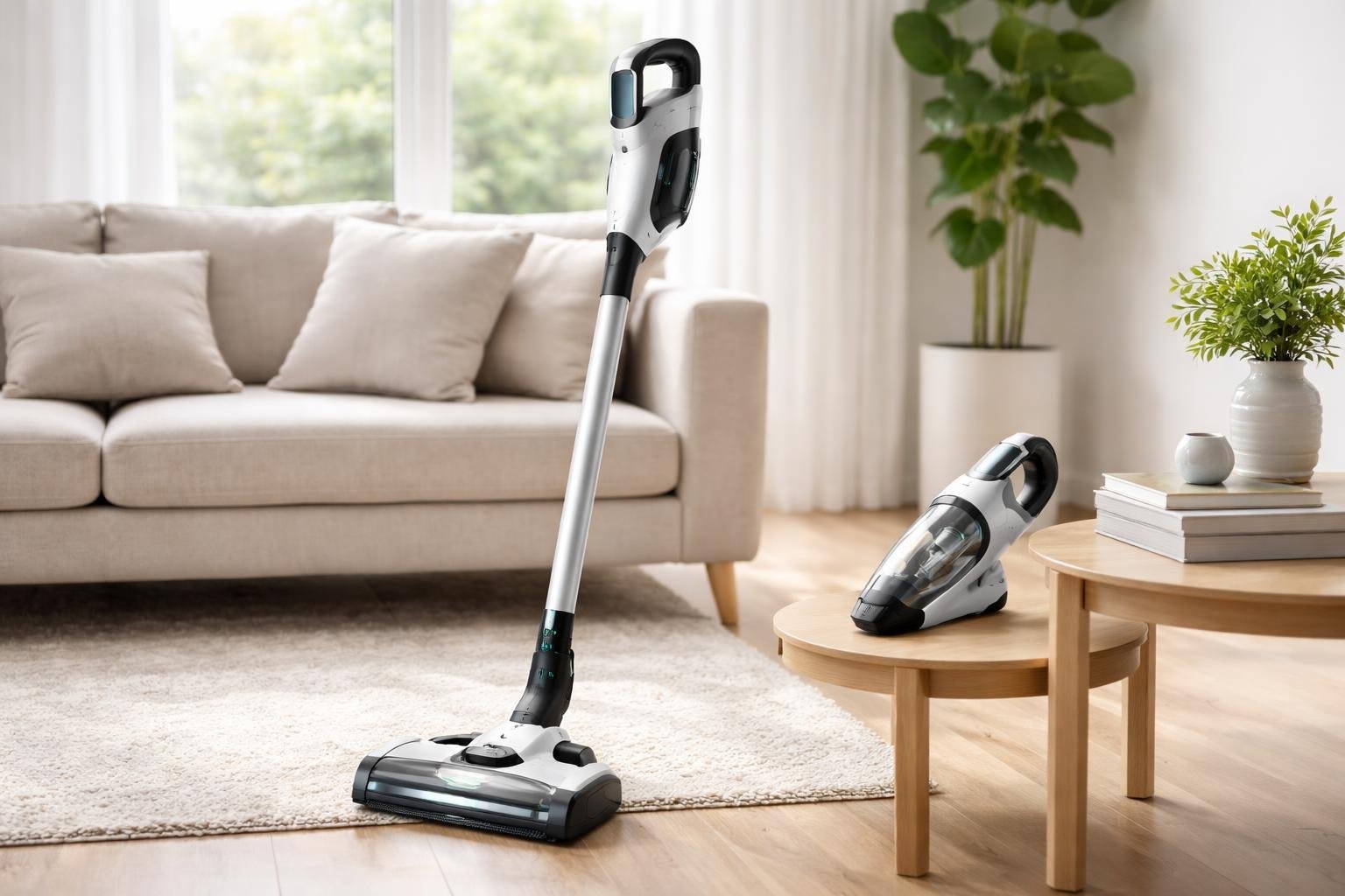 Un aspirateur balai 2 en 1 moderne posé dans un salon lumineux avec un canapé et une plante.