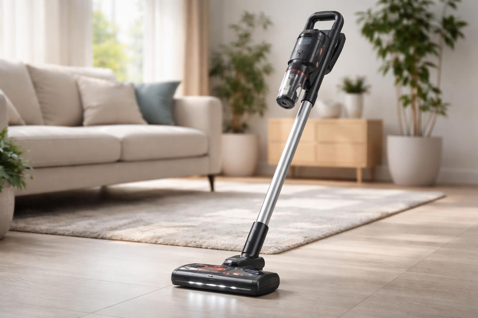 Un aspirateur balai 2 en 1 posé dans un salon lumineux et propre.
