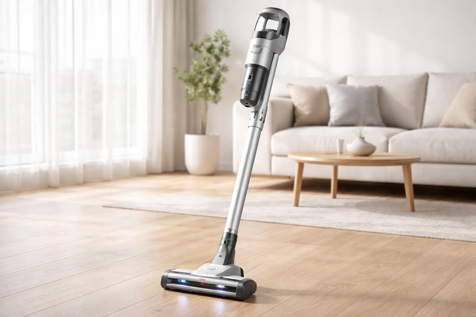 Un aspirateur balai sans fil posé sur un sol en bois clair dans un salon épuré et lumineux.