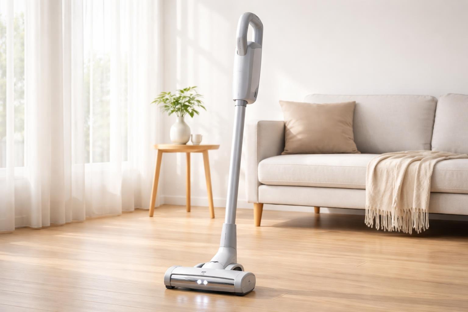 Un aspirateur balai sans fil posé sur un sol en bois dans un salon lumineux et épuré.