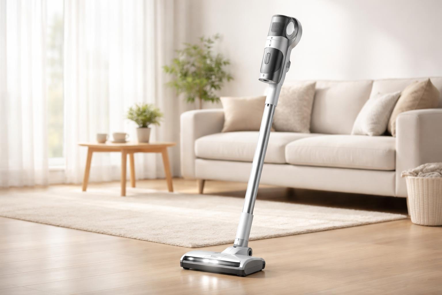 Aspirateur balai sans fil posé dans un salon lumineux et propre avec un canapé et une plante.