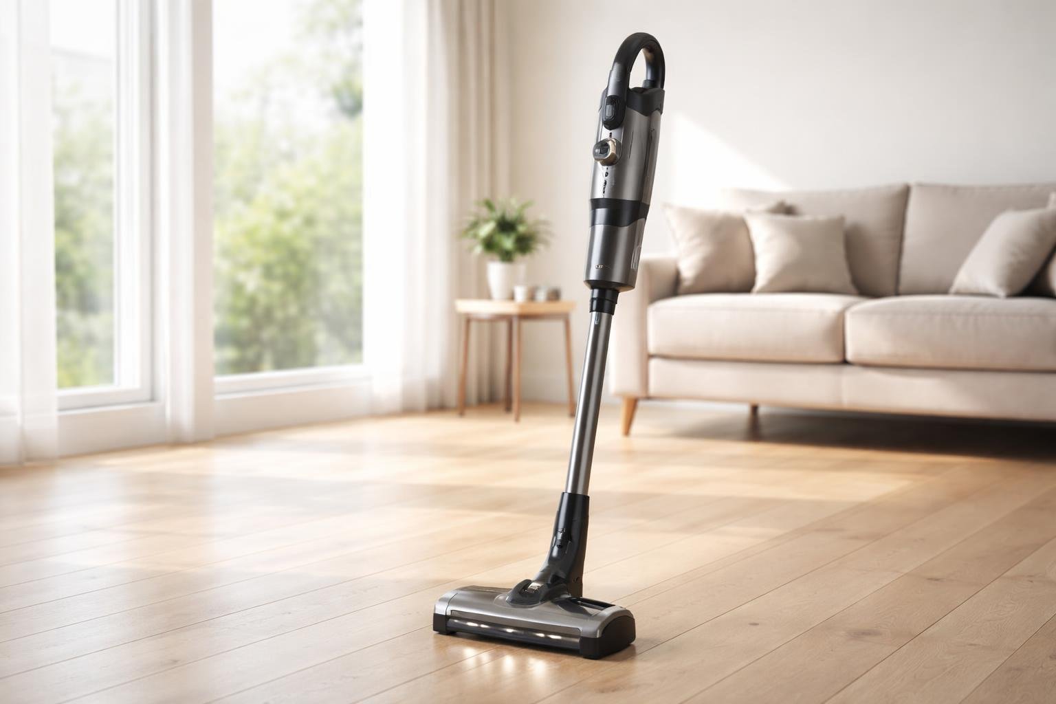 Un aspirateur balai sans fil debout sur un sol en bois clair dans un salon lumineux et épuré.