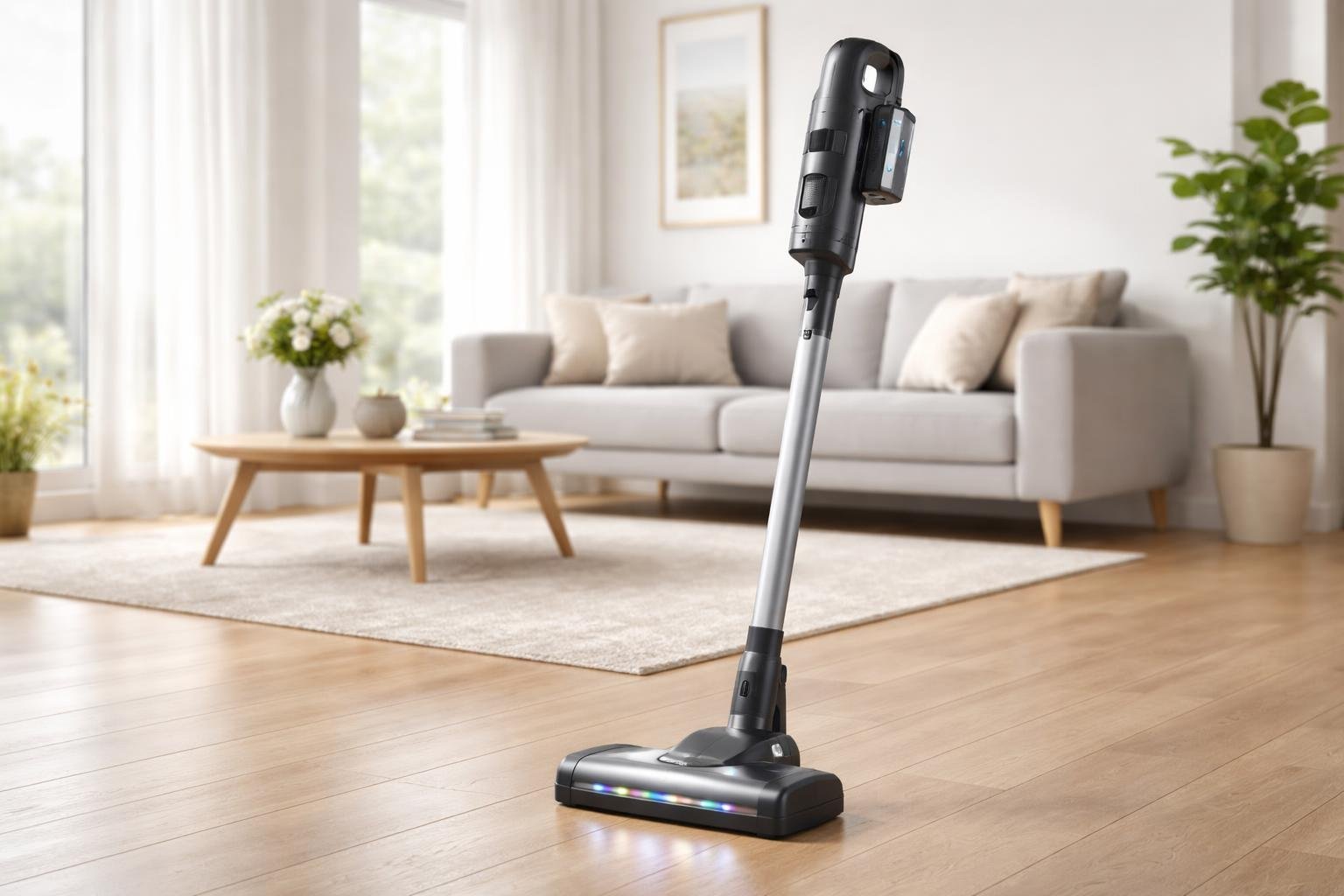 Un aspirateur balai sans fil moderne debout dans un salon lumineux et propre.