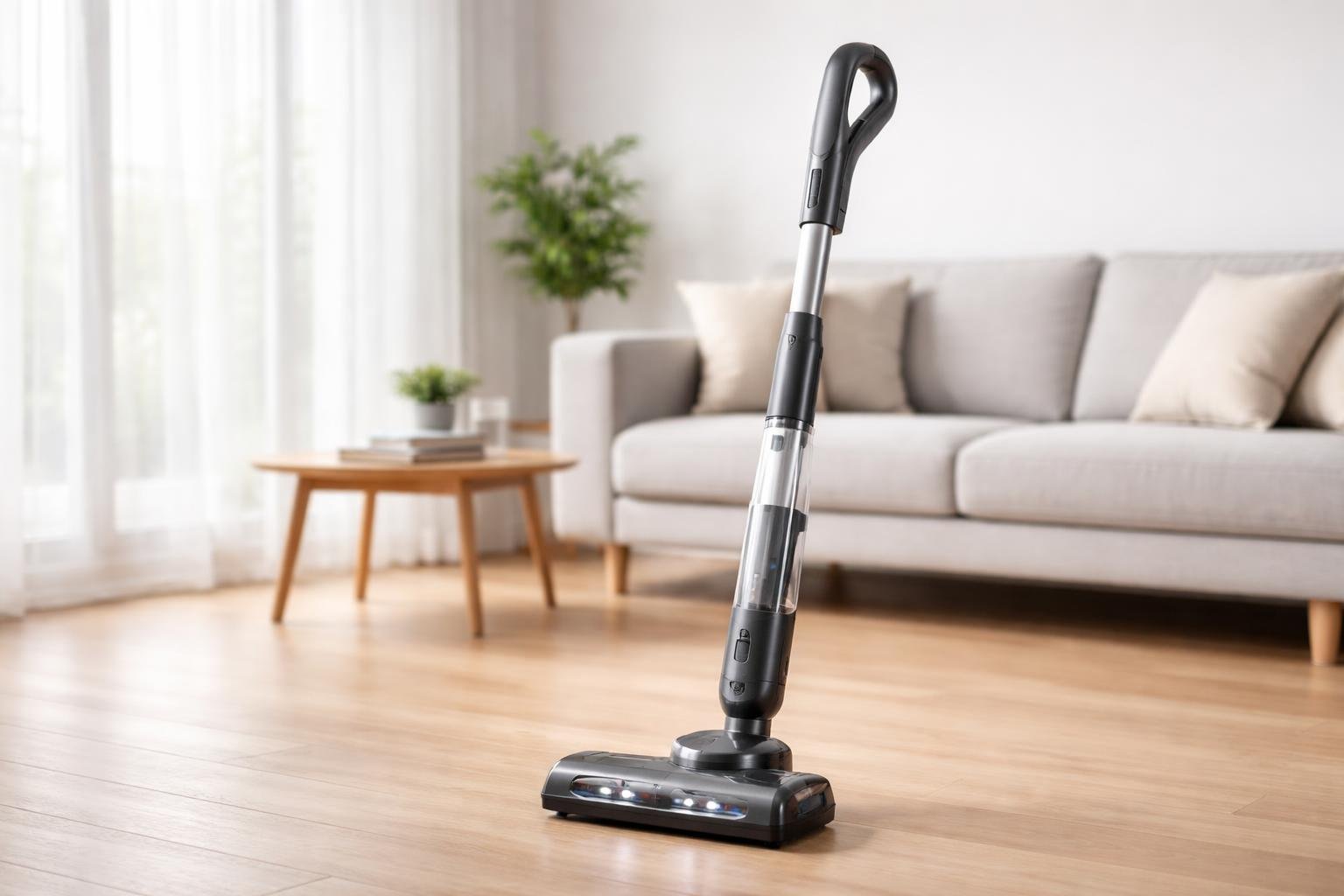 Un aspirateur balai sans fil moderne debout dans un salon lumineux avec un canapé et une plante en arrière-plan.