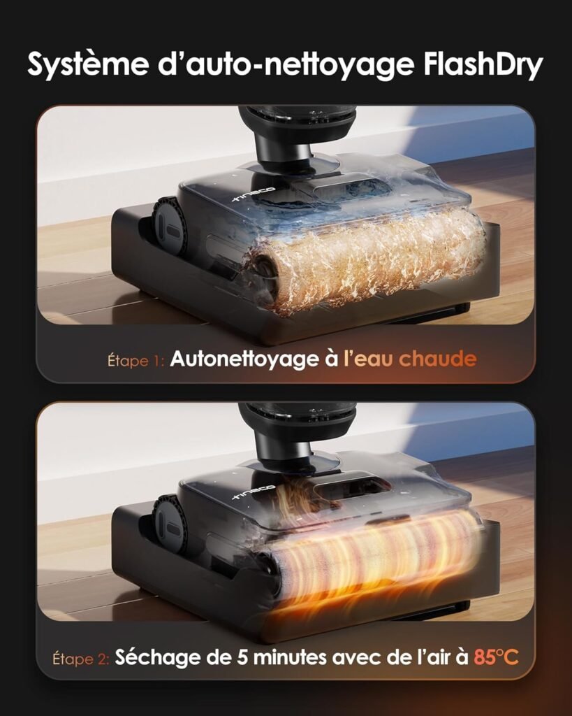 Brosse d’aspirateur laveur avec système FlashDry: autonettoyage à l’eau chaude et séchage 5 min à 85°C.