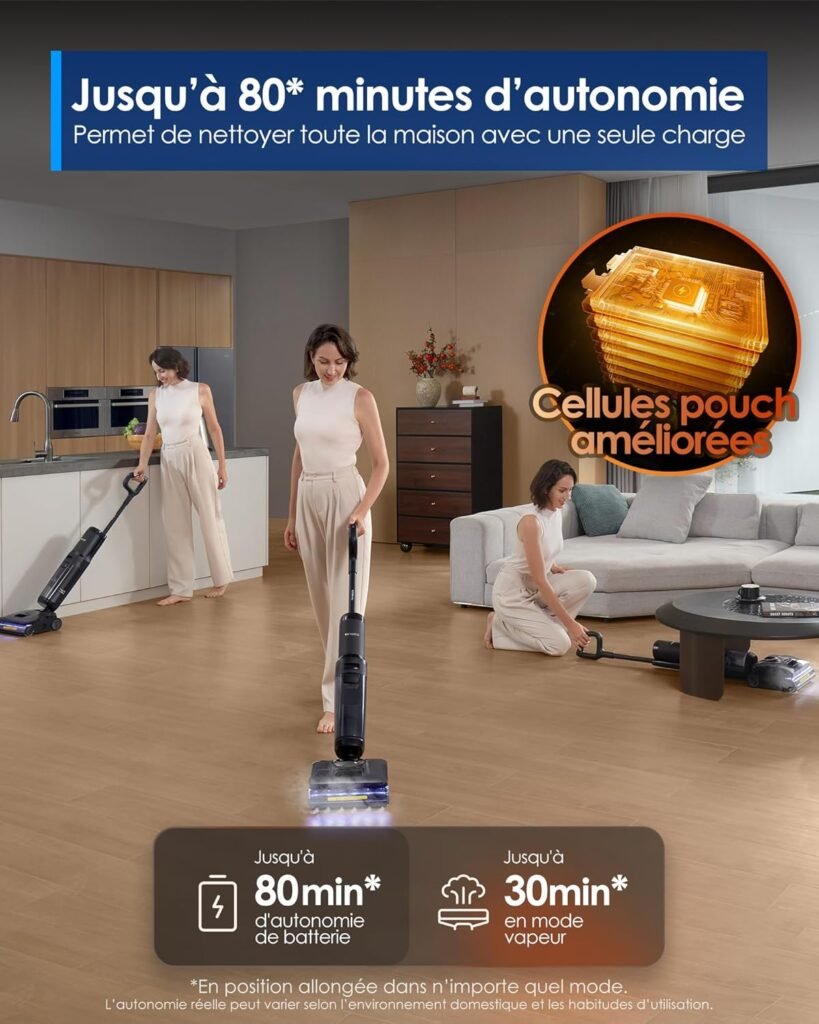 Aspirateur laveur sans fil 80 min d’autonomie, mode vapeur 30 min, salon moderne
