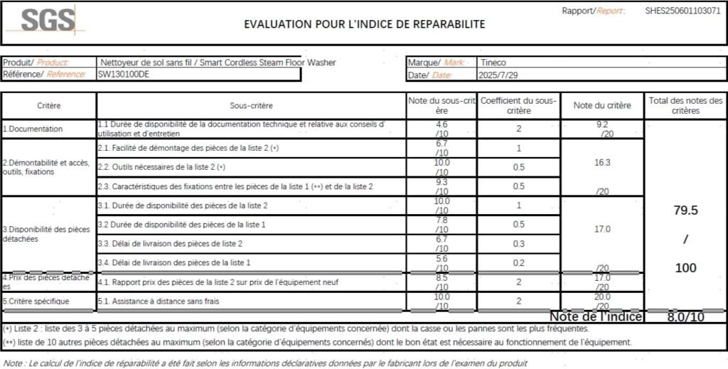 Rapport SGS: indice de réparabilité d’un nettoyeur de sol Tineco, score 79,5/100 (8/10)