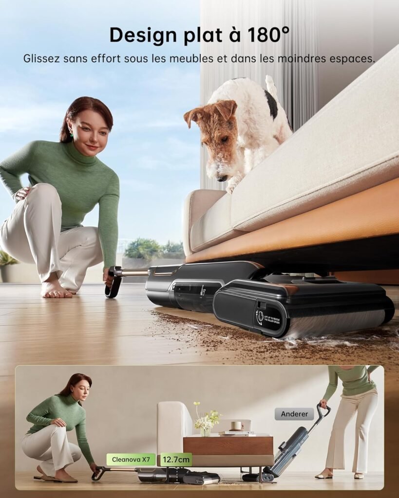 Aspirateur balai 180° ultra-plat pour nettoyage sous canapé, hauteur 12,7 cm, idéal poils d'animaux et recoins