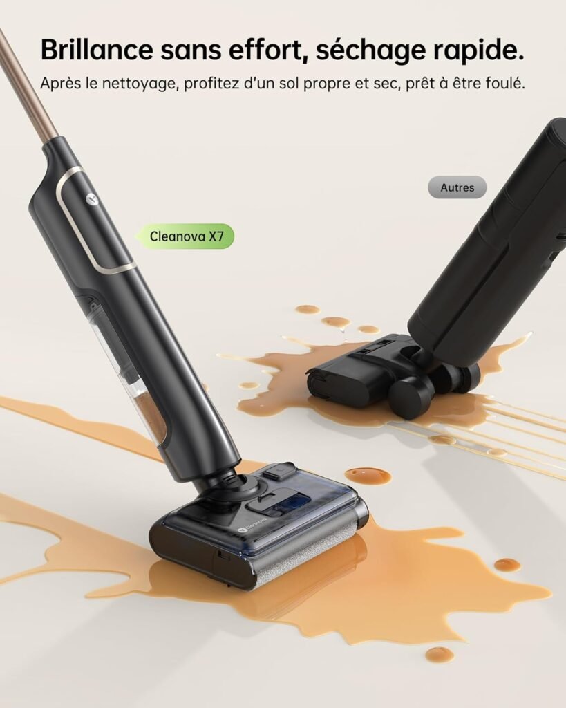Aspirateur-laveur Cleanova X7 nettoyant un sol mouillé, séchage rapide et brillant.