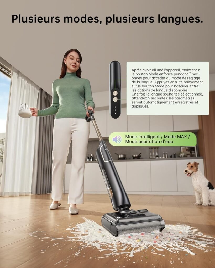 Aspirateur laveur sans fil nettoyant lait et céréales renversés sur parquet, en cuisine, avec chien à proximité