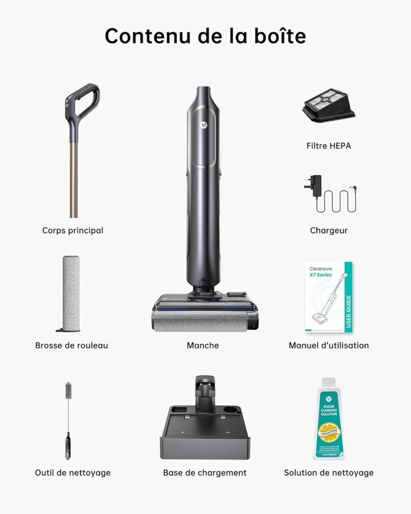 Contenu de la boîte: aspirateur laveur Cleanova X7, manche, brosse rouleau, filtre HEPA, chargeur, base.