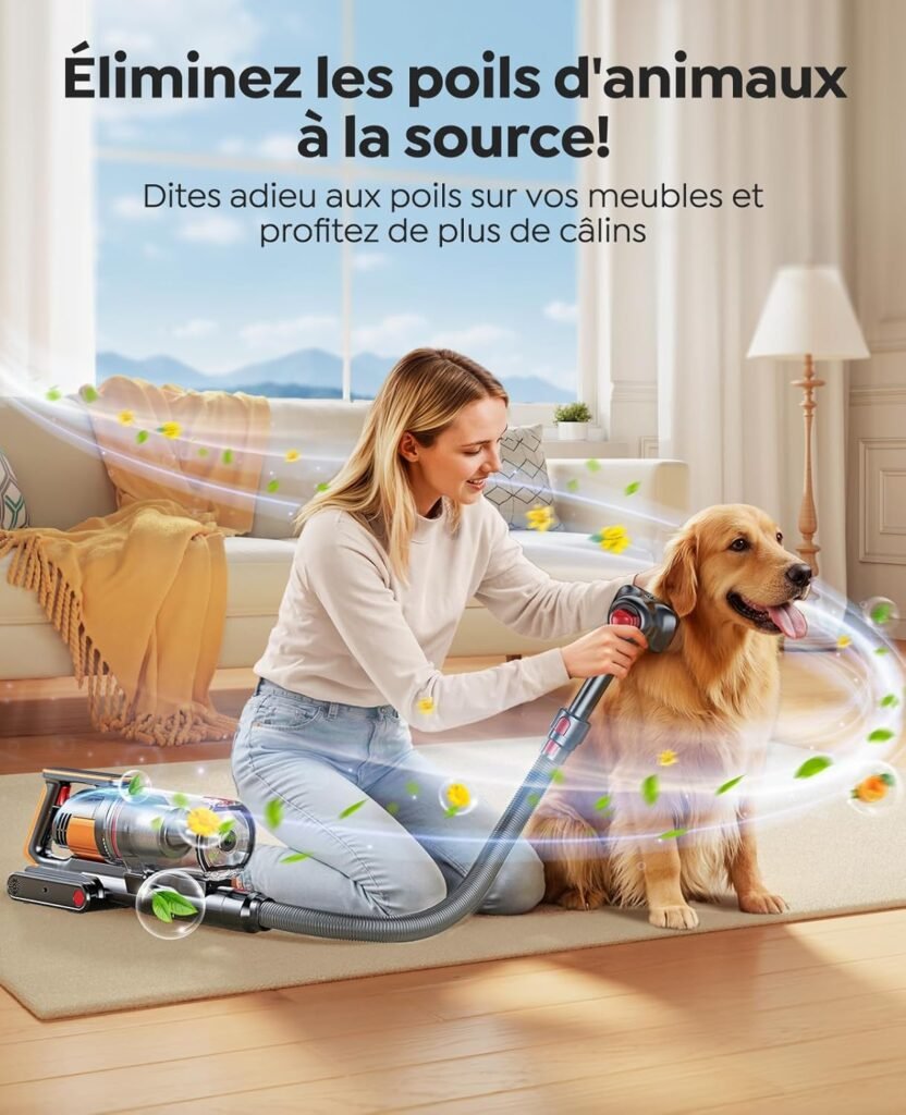 Femme brosse un golden retriever avec aspirateur anti-poils dans un salon lumineux