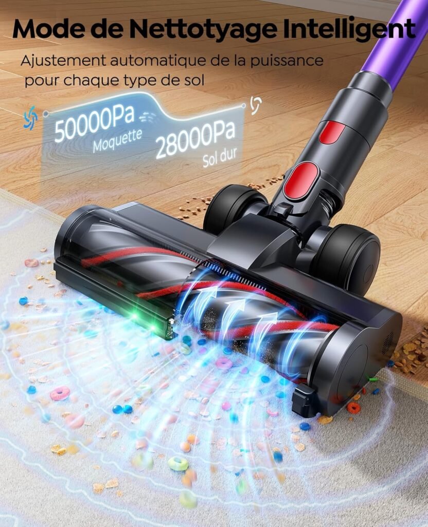 Aspirateur balai sur tapis, mode intelligent 50 000 Pa pour moquette et 28 000 Pa pour sol dur