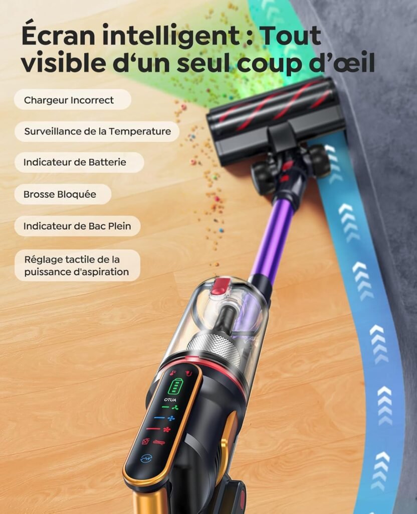 Aspirateur balai sans fil avec écran intelligent, indicateurs et brosse nettoyant un sol en bois