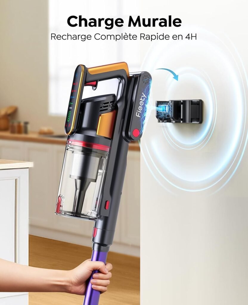 Aspirateur balai sans fil en charge murale, recharge rapide complète en 4 heures