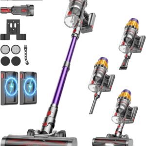 Aspirateur Balai Sans Fil avec 2 Batteries, 150Min/55KPA/600W/2.0L Aspirateur Sans Fil Puissant, Brosse Anti-Enchevêtrement/Support Mural Rechargeable/Écran LED, pour Poils d'Animaux/Tapis/Sols Durs