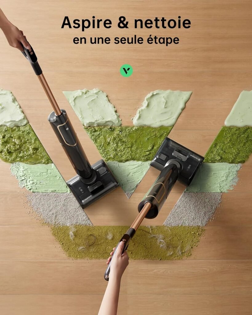 Aspirateur laveur sans fil 2-en-1 nettoyant un sol en bois, aspire et lave en un seul passage