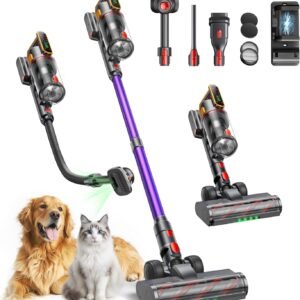Fieety 50kPa/600W Aspirateur Balai sans Fil, 65Min Aspirateur sans Fil Puissant avec Brosse pour Animaux Tuyau Recharge Murale Mode Automatique Parfumé pour Poils d’Animaux Tapis Sols Durs et Voiture