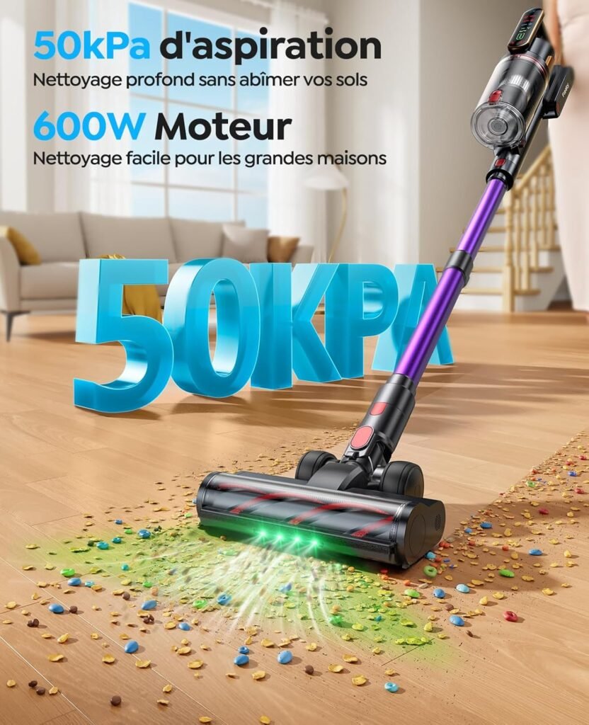 Aspirateur balai sans fil 600W, 50 kPa, nettoyant des miettes sur parquet avec LED.