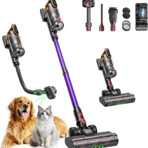 Fieety 50kPa/600W Aspirateur Balai sans Fil, 65Min Aspirateur sans Fil Puissant avec Brosse pour Animaux Tuyau Recharge Murale Mode Automatique Parfumé pour Poils d’Animaux Tapis Sols Durs et Voiture