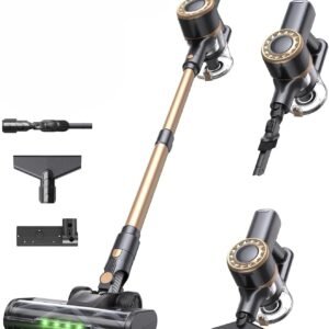 Lubluelu Aspirateur Balai sans Fil 45 kPa, Moteur Puissant 450 W, Léger & Silencieux avec Lumière LED, Aspirateur à Main et Sol sans Sac pour Tapis, Sols Durs, Poils d’Animaux & Voiture (Noir + Or)