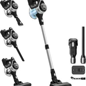 Powell Aspirateur Balai sans Fil, 12000Pa, 140W, 30 Min, Réservoir 1,2 L, 2-en-1, Tube Flexible 270°, Filtre HEPA, LED, pour Tapis, Sols Durs, Meubles et Voiture, Argent/Noir