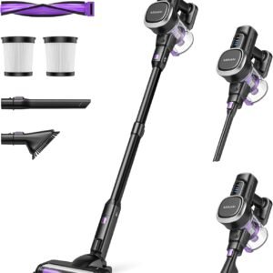 Lubluelu Aspirateur Balai sans Fil Aspirateur Autoportant, Aspirateur sans Fil Puissant Aspirateur Balai 50min Autonomie, Batterie Amovible pour Sol Dur, Poils d'animaux (Noir Violet)