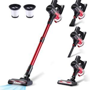 Aspirateur Balai sans Fil 4-en-1, 150W, 6 * 2200mAh, 49 Min d’Autonomie, LED, 2 Vitesses, Ultra Léger, Réservoir 1L, pour Tapis Sols Durs Poils d’Animaux Voiture - Gris