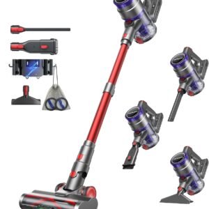 VACTechPro 55KPa/600W/70Min Aspirateur Balai sans Fil, 1.6L Aspirateur sans Fil avec Filtration à 8 Couches, Très Silencieux Aspirateur avec Brosse à Sol Anti-Tangle, Aspirateur Balai, Rouge Foncé