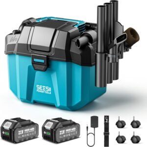 Seesii Aspirateur Eau et Poussière Batterie 8000 mAh (2x4000 mAh), Aspirateur Poussiere et Eau 10 L, avec Sangles, 4 Roues et Accessoires, Idéal pour Atelier, Chantier ou Voiture