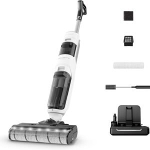 Rowenta X-Clean5, Aspirateur Laveur sans Fil, Nettoyage 2-en-1, Mode de détection Auto, Éclairage LED, Auto-Nettoyage, Séchage air Chaud, GZ5557EE, Blanc/Noir