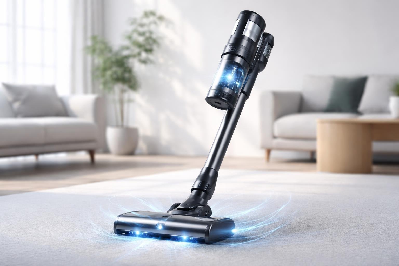 Un aspirateur sans fil moderne posé dans un salon lumineux et épuré.