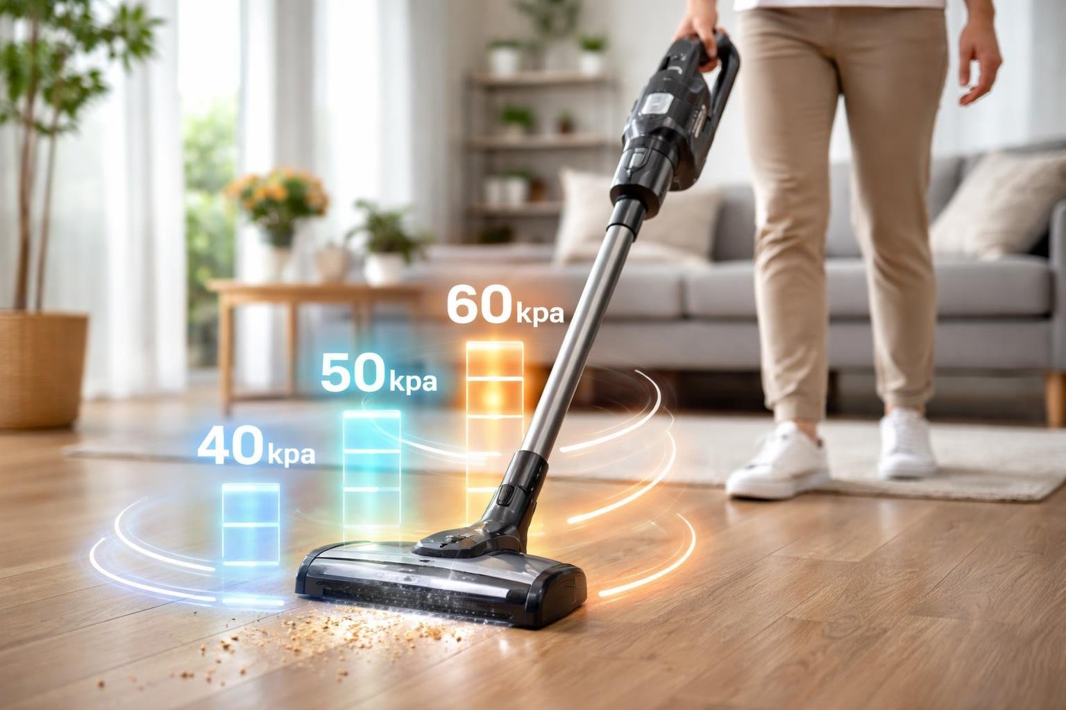 Un aspirateur sans fil utilisé dans un salon lumineux et propre avec des indicateurs graphiques montrant différents niveaux de pression.