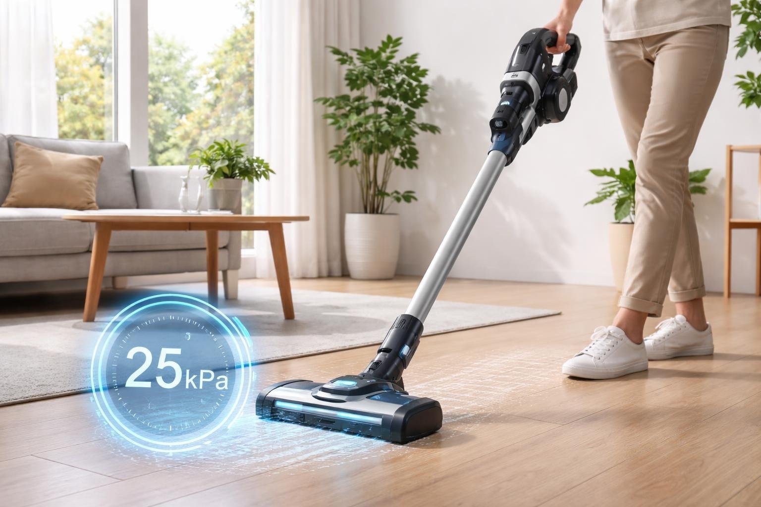 Personne utilisant un aspirateur sans fil dans un salon lumineux avec un indicateur de pression symbolique.