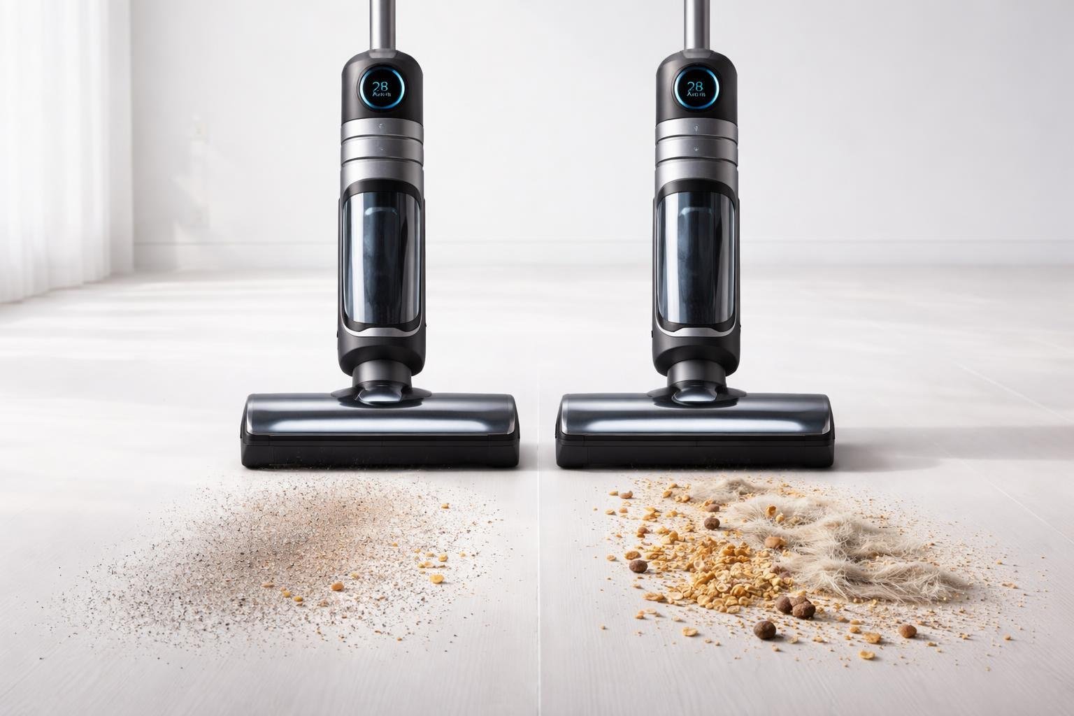 Deux aspirateurs sans fil côte à côte avec différents types de saleté devant chacun, montrant des résultats de nettoyage différents malgré une puissance d'aspiration identique.