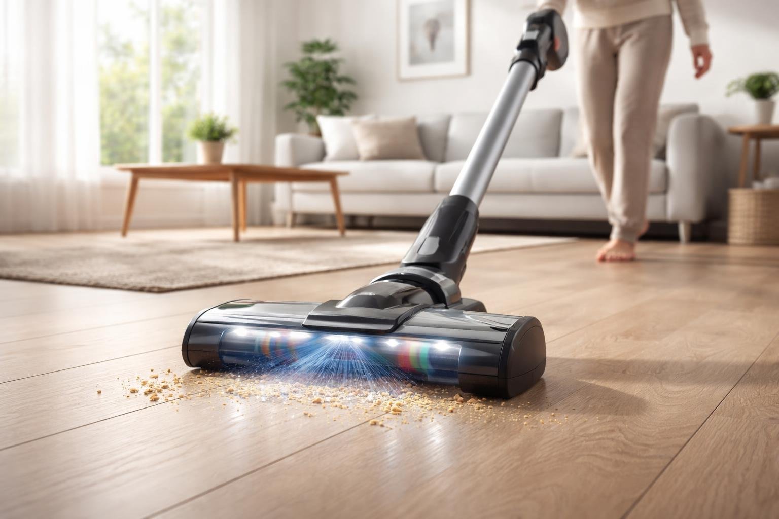 Un aspirateur sans fil utilisé dans un salon lumineux avec une personne en train de nettoyer le sol en bois.