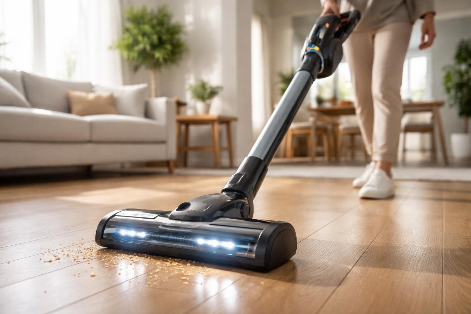 Une personne utilise un aspirateur sans fil moderne pour nettoyer un sol en bois dans un salon lumineux et propre.