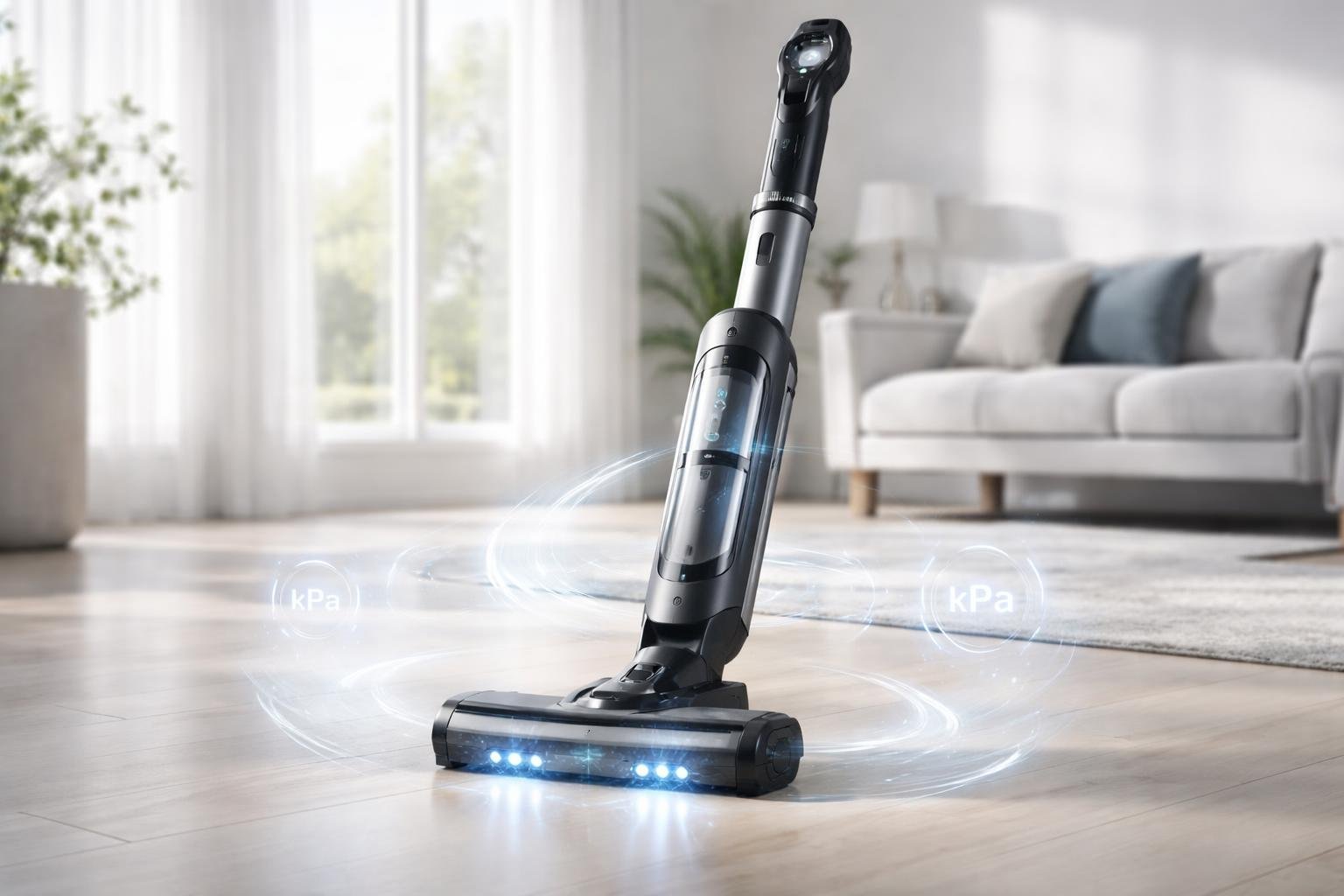 Un aspirateur sans fil moderne posé sur le sol d'un salon lumineux et propre.