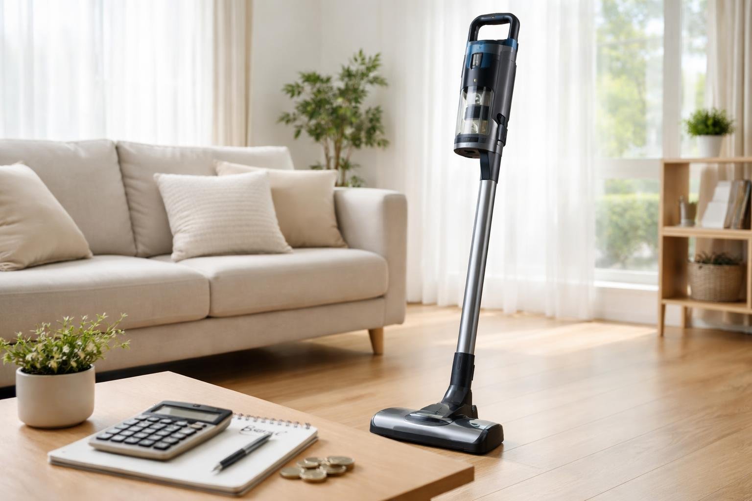Un aspirateur balai sans fil moderne dans un salon lumineux et propre avec un canapé et une table basse à côté.