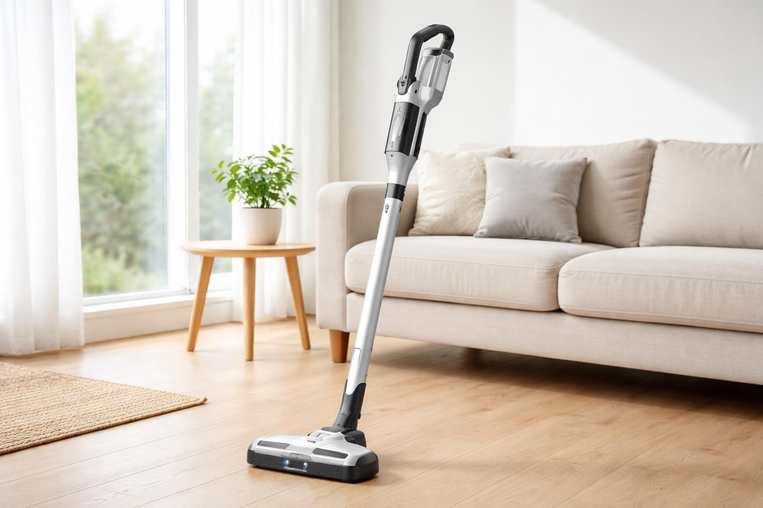 Un aspirateur balai sans fil moderne posé dans un salon lumineux et propre avec un canapé et une plante.