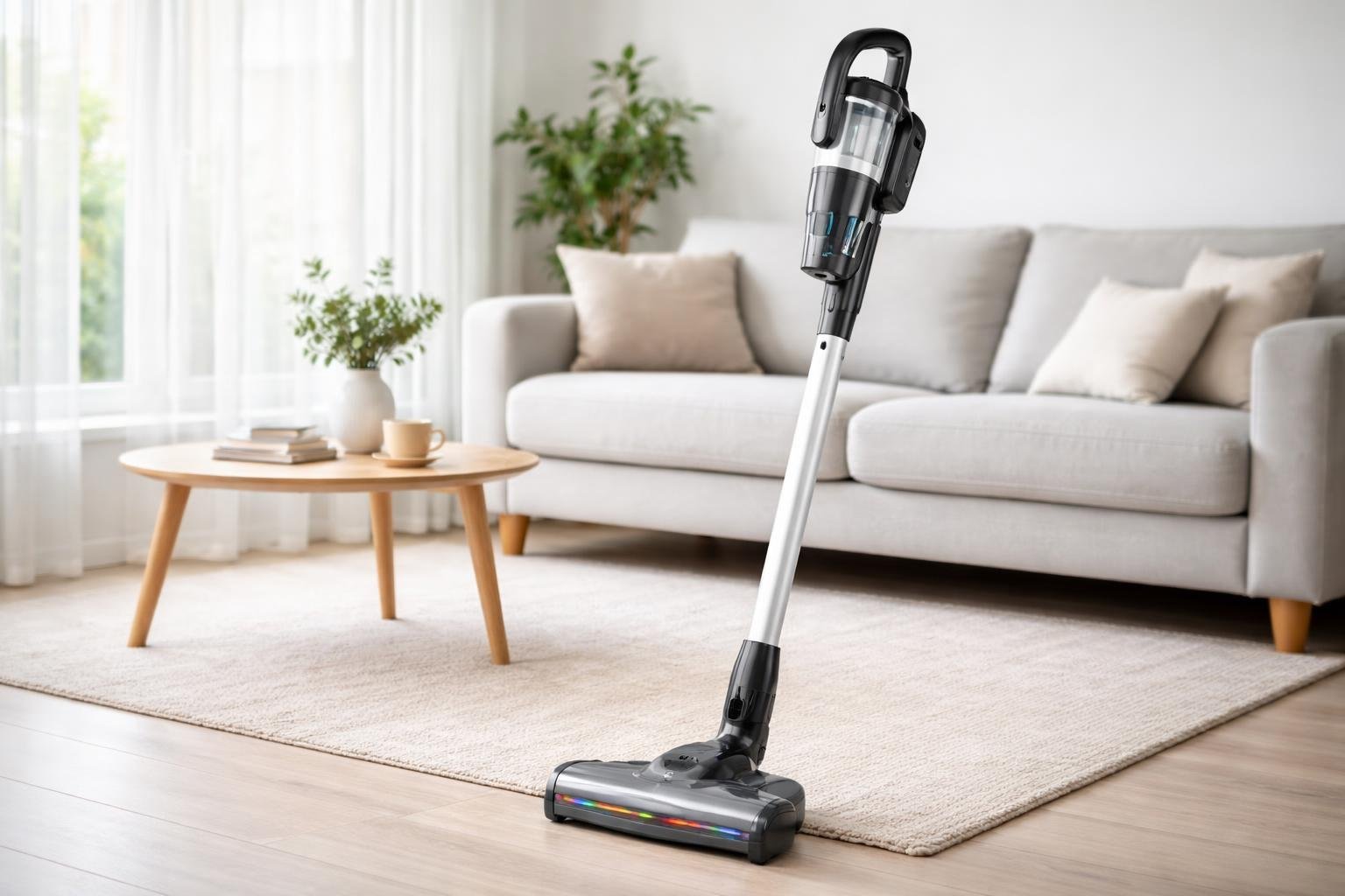 Un aspirateur balai sans fil moderne posé dans un salon lumineux et propre avec un canapé et une table basse en arrière-plan.