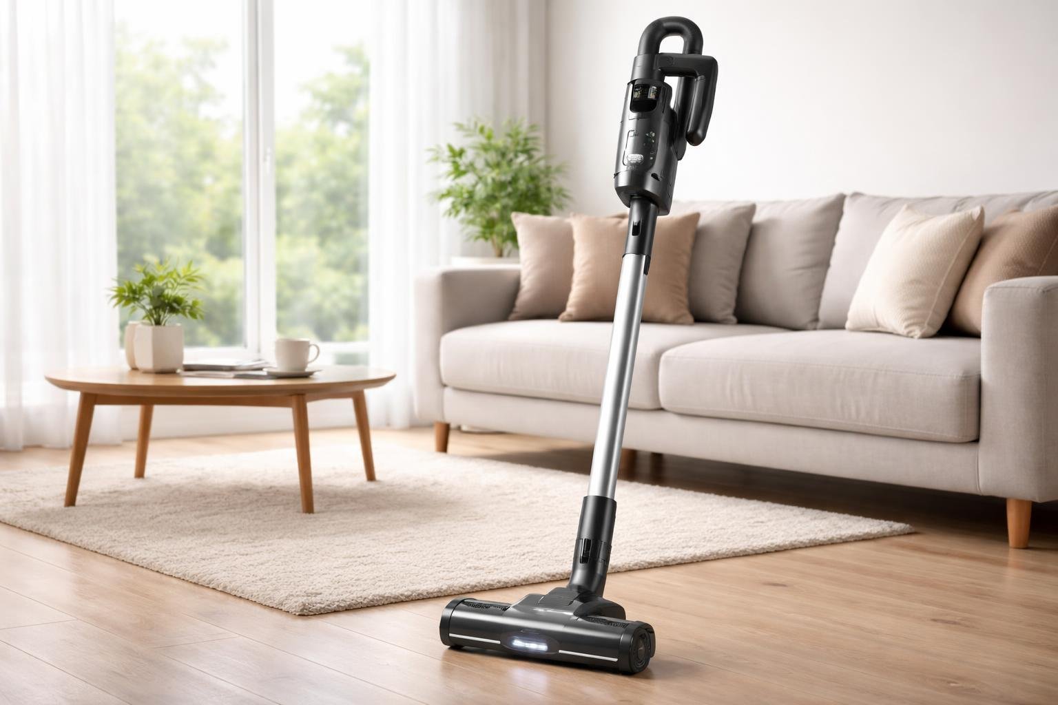Un aspirateur balai sans fil moderne posé dans un salon lumineux et propre avec un canapé et une plante.
