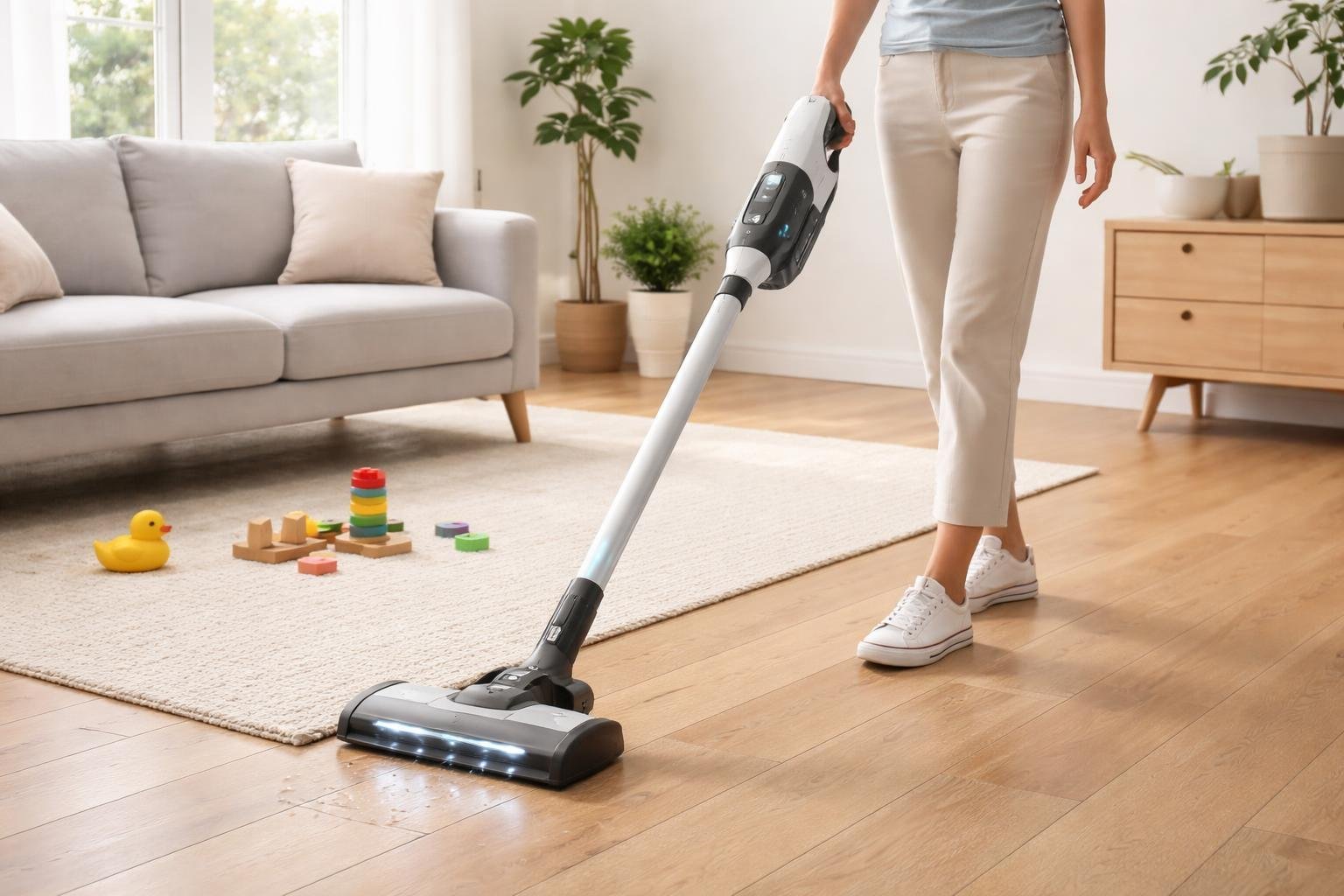 Personne utilisant un aspirateur balai sans fil dans un salon lumineux et moderne.