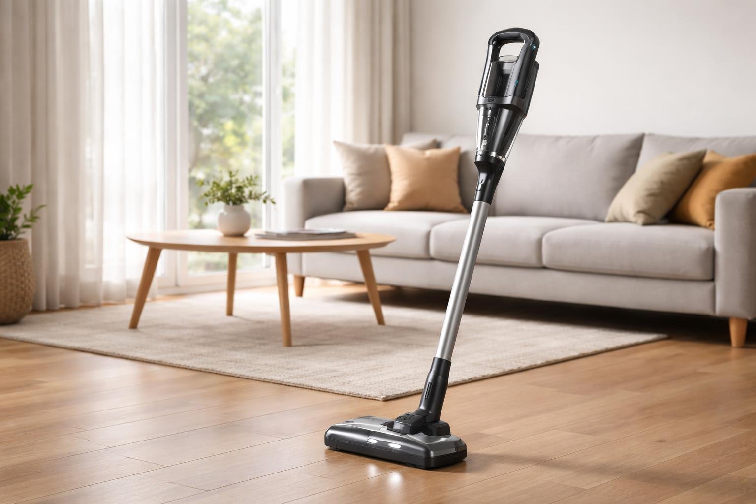 Un aspirateur balai sans fil posé sur un sol en bois dans un salon lumineux et bien rangé avec un canapé et une table basse.