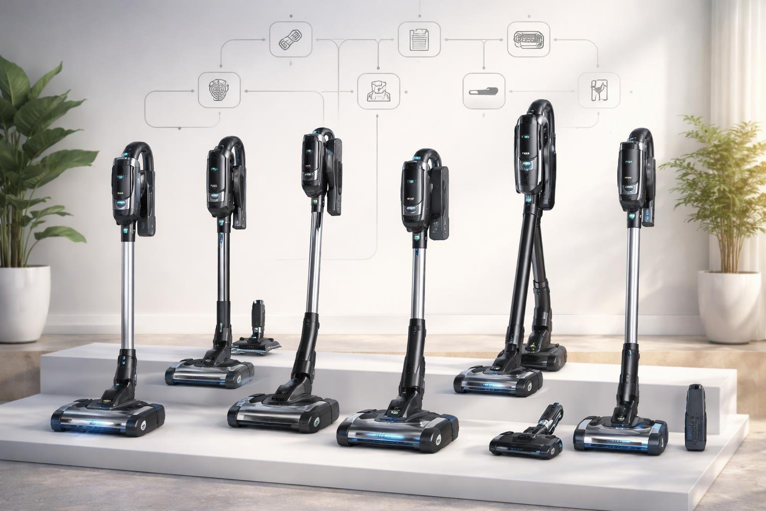 Différents aspirateurs balais sans fil Shark présentés avec des éléments visuels suggérant le choix selon les besoins.