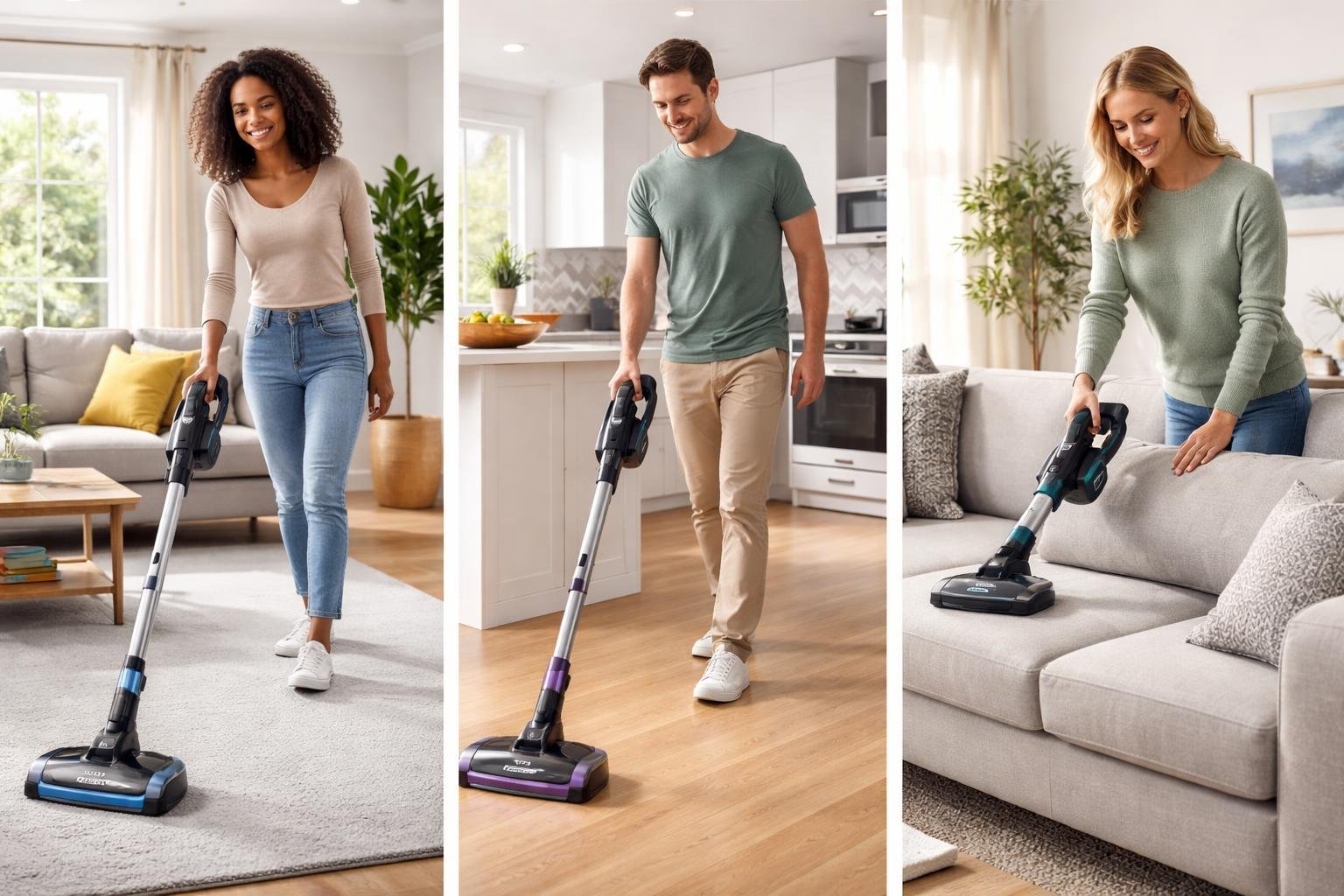 Trois personnes utilisent différents modèles d'aspirateurs balais Shark sans fil dans différentes pièces d'une maison.
