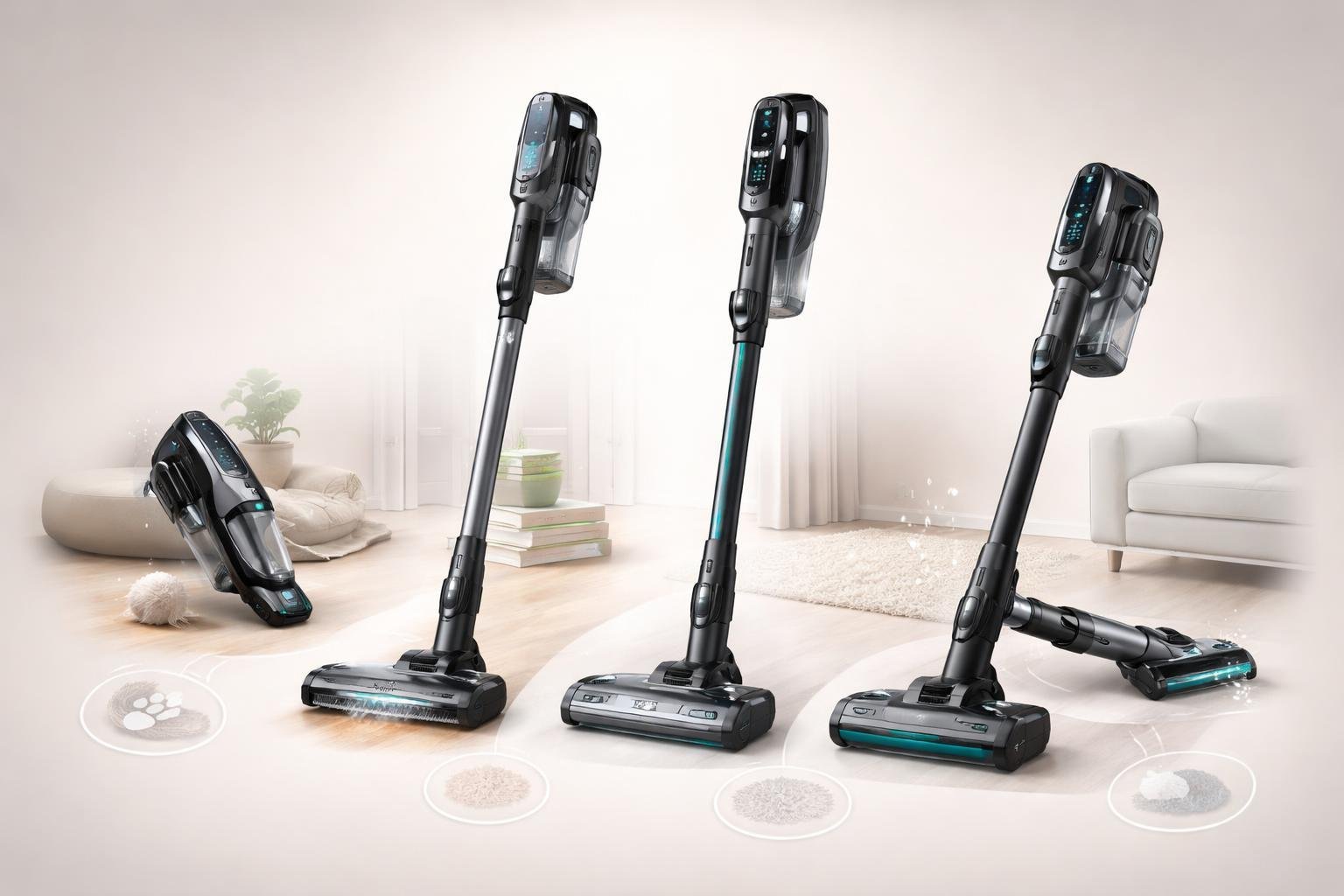 Plusieurs aspirateurs balais sans fil Shark disposés avec différents accessoires, illustrant différents besoins de nettoyage à la maison.